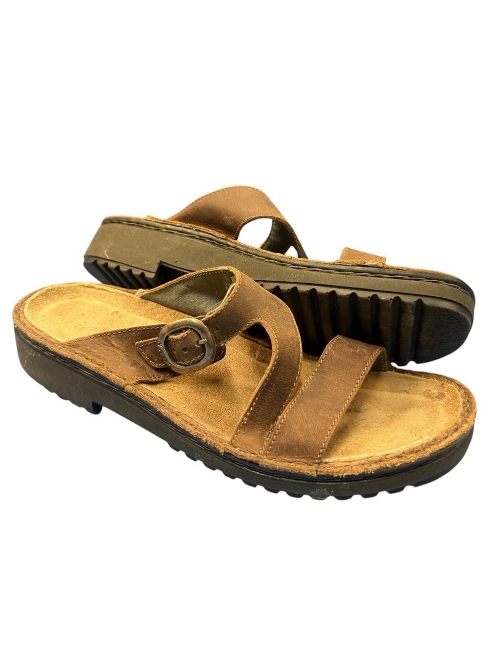 Naot Tan Brown Leather Slide Sandals with Buckle Accent